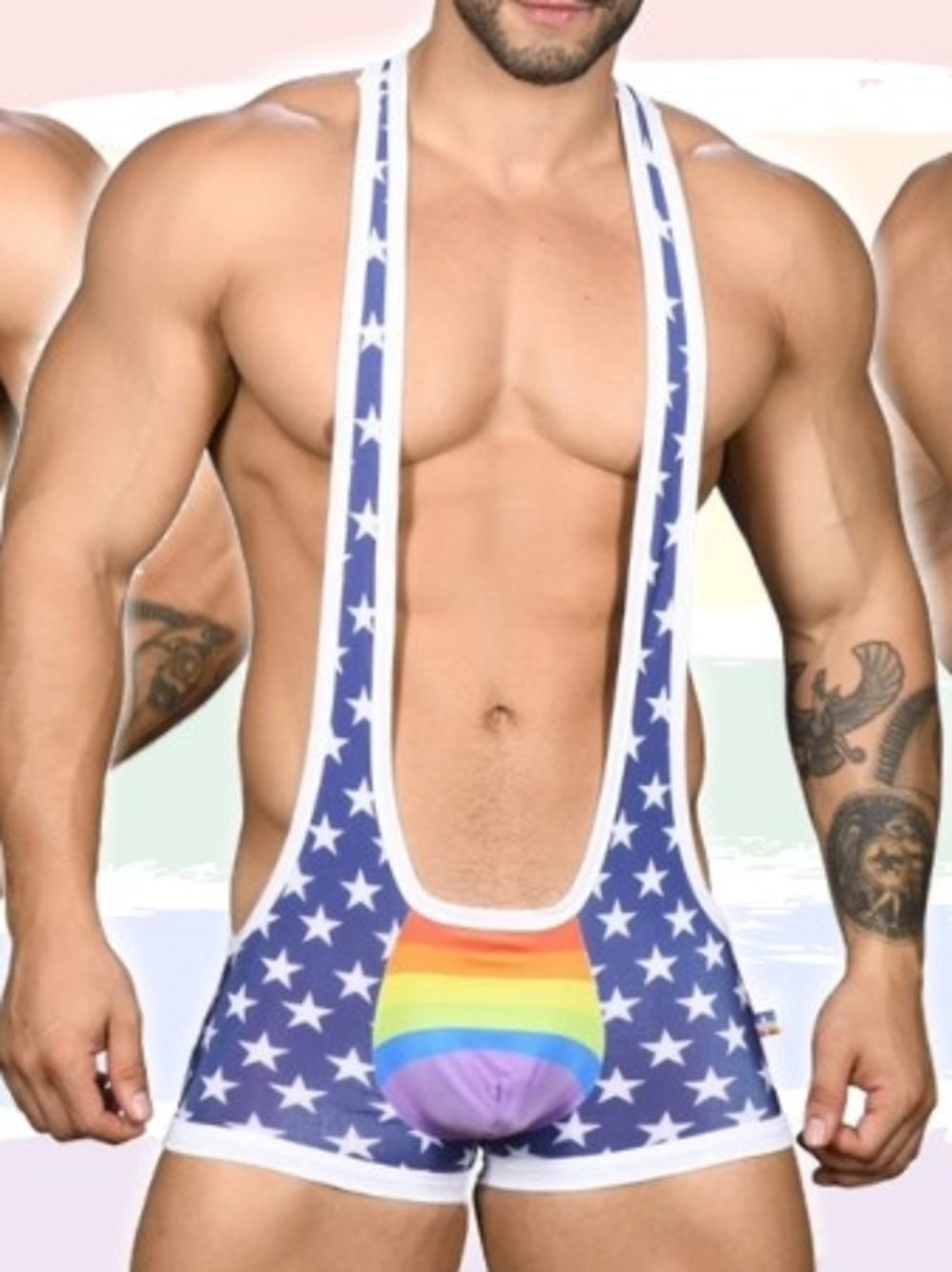XL Andrew Christian Men's Blue Star Print Rainbow Pouch Singlet